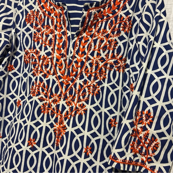 Gretchen Scott Navy White Orange embroidered Striped Top size L - Picture 2 of 7